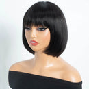 A black bob wig with straight bangs displayed on a mannequin head against a plain white background, Obroi