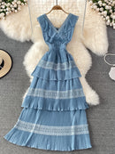 Women Elegant Long Dress Summer Ruffle Pleated Beach Dresses Ladies Slim Layer Dress