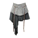 Retro Spliced Denim Pleated Skirt for Women Summer  High Waist Skirt