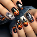 Halloween-themed nail art with pumpkins, ghosts, and cobwebs on a dark background, Obroi