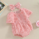 Summer Infant Baby Girls Bodysuit Rose Flower Short Sleeve Clothes Headband Cute Pink Clothes