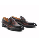 Pair of black and brown patterned dress shoes on a white background, Obroi