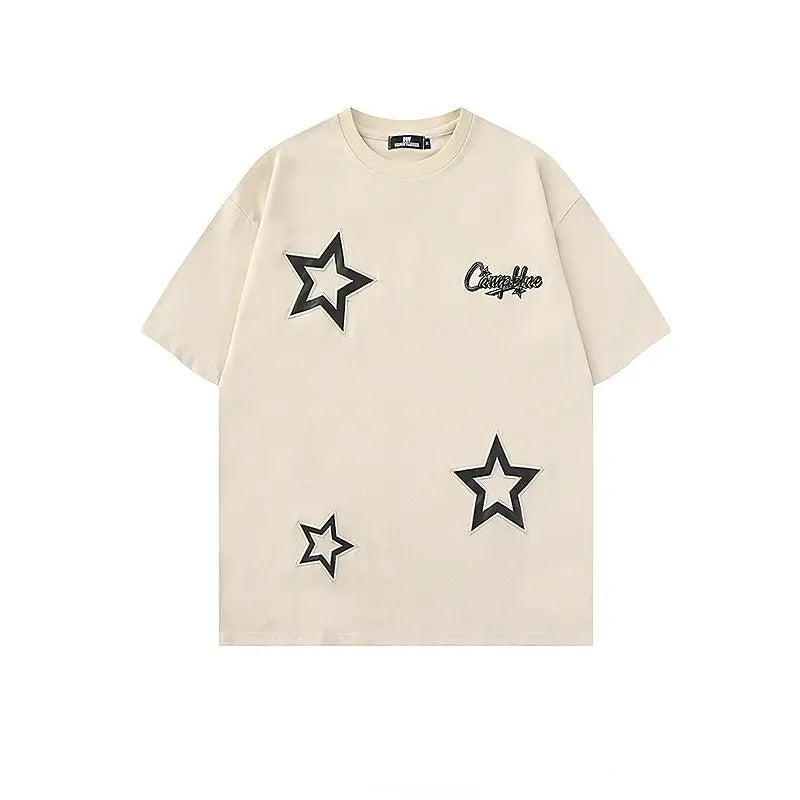 American Retro Star Embroidered Short Sleeved T Shirts Men and Women Loose Cotton Tees for Summer