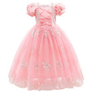 Pink dress with floral lace details on a white background, Obroi