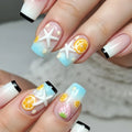 Nails with summer-themed decorations including starfish, lemons, and strawberries on a light background, Obroi