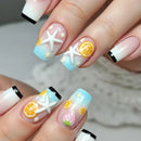 Nails with summer-themed decorations including starfish, lemons, and strawberries on a light background, Obroi