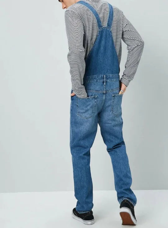 Jumpsuits Men Casual Stitching Spaghetti Strap Jeans Men Washed Straight-Leg Denim Jumpsuits