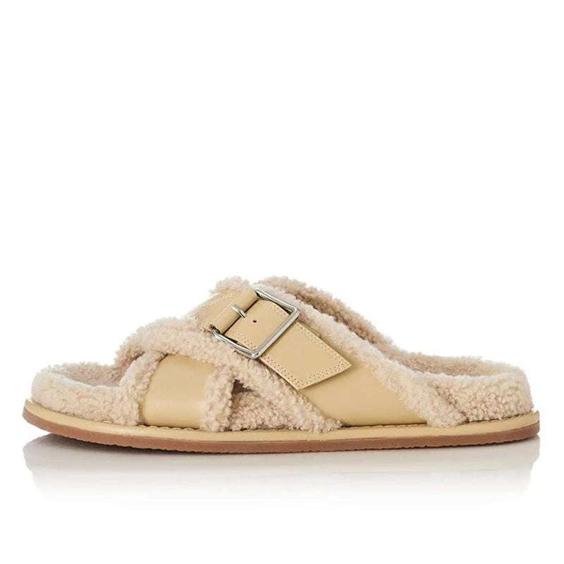 Autumn Winter Product Leather Flat Bottom Cross Belt Women Furniture Outdoor Warm Plush Slippers