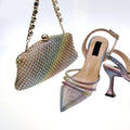 Women's Crystal Square Button Pointed High Heels Water Diamond Shiny Sandal Bag Set