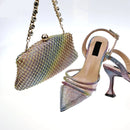 Women's Crystal Square Button Pointed High Heels Water Diamond Shiny Sandal Bag Set