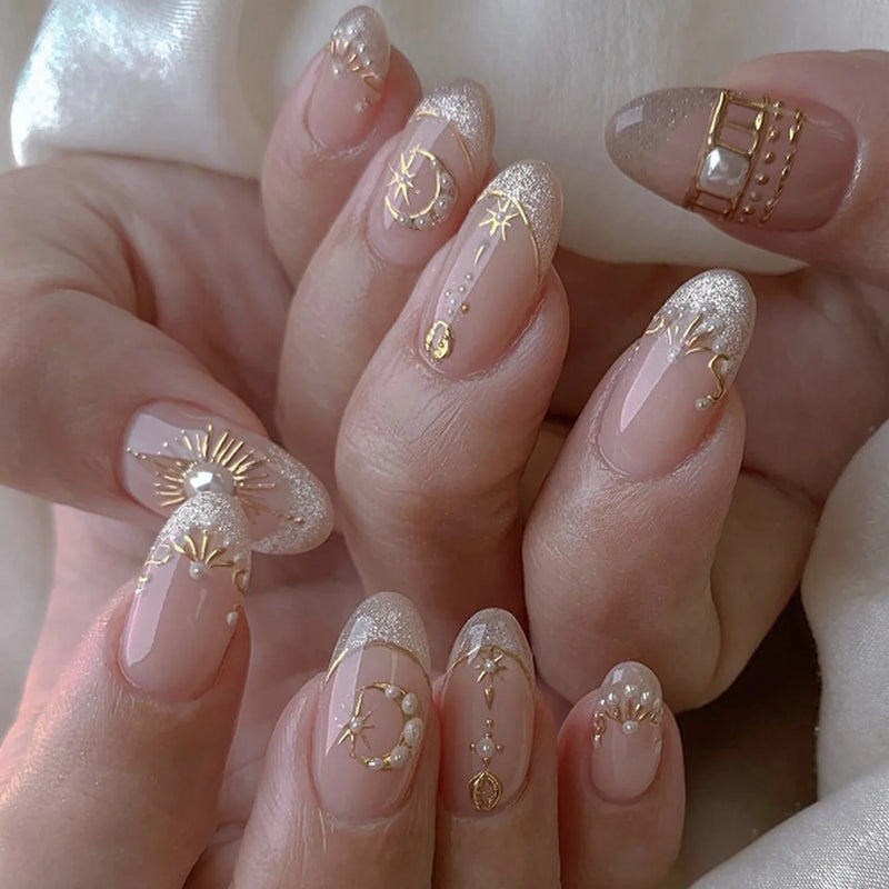 Green Oval Nail with Shiny Cat Eye Flower Design Fresh French Wearing Nail Art Tips Short Almond Acrylic Nails Set