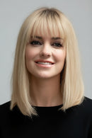 Woman with blonde hair next to a close-up of blonde hair extensions, Obroi