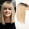 Woman with blonde hair next to a close-up of blonde hair extensions, Obroi