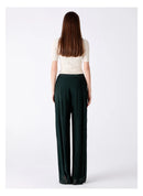 Silk Georgette Dark Green Natural Waist Stitching Jacquard Asymmetric Design Double-layer Silk Straight Pants