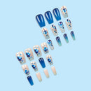 Set of blue and beige nail art designs on a light blue background, Obroi