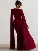 Long Cape Sleeve Split Maxi Dress For Women Gown Square Collar Evening Long Dress Elegant