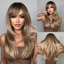 Chestnut Brown Synthetic Wig with Bangs Long Straight Wig Natural Layered Hair Smooth Soft Daily Wig Heat Resistant