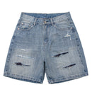 Distressed blue denim shorts on a white background, Obroi