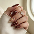 24Pcs Retro Red Nails Patches Metal Bow Press on Nails Sets Golden Lines Plaid Tips Full Cover Almond