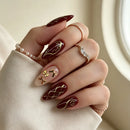 24Pcs Retro Red Nails Patches Metal Bow Press on Nails Sets Golden Lines Plaid Tips Full Cover Almond