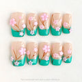 10Pcs Handmade Green Press on Nails Pink Cherry Blossom French Square Wearable Reusable Nails