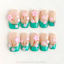 10Pcs Handmade Green Press on Nails Pink Cherry Blossom French Square Wearable Reusable Nails