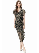 Designer Summer Dress Women V-Neck Butterfly Sleeve Appliques Ruffles Dresses