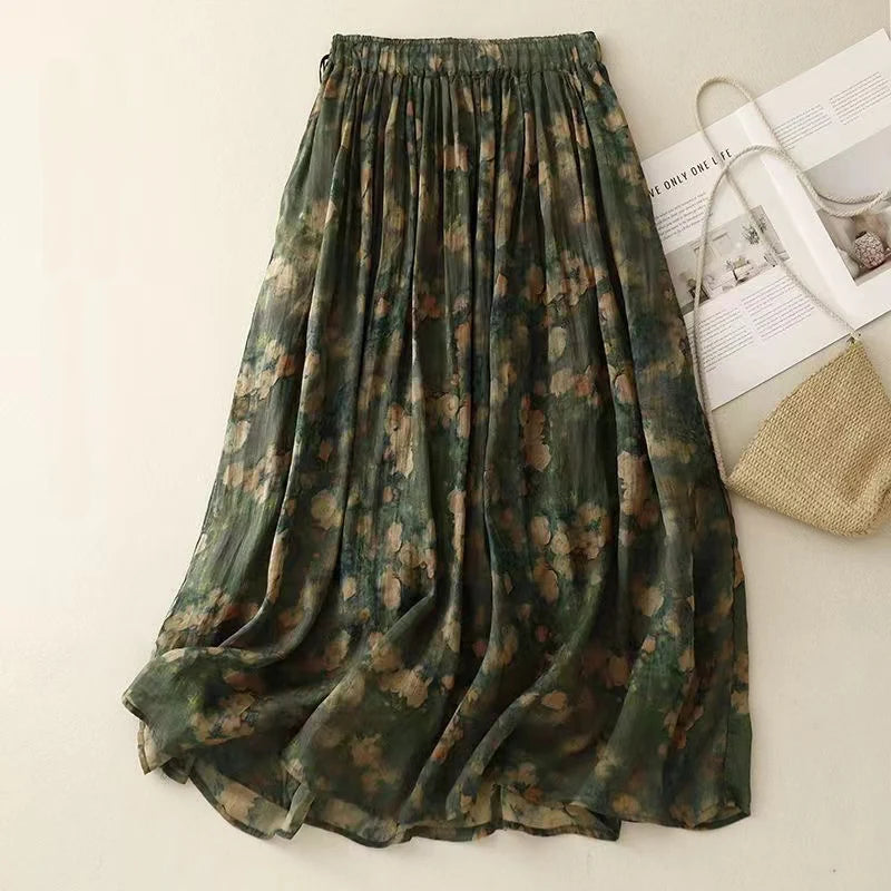 Summer Literary Ladies Skirts Floral Age-reduced Large Swing Bohemian Holiday Beach Skirts for Women