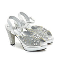 Silver high-heeled shoes with floral embellishments on a white background, Obroi