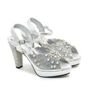 Silver high-heeled shoes with floral embellishments on a white background, Obroi