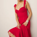 Summer French Solid Red Women Dress Bodycon Tie Bow Strap Sleeveless Dress Sexy Beach Women Party Dress Vintage Female