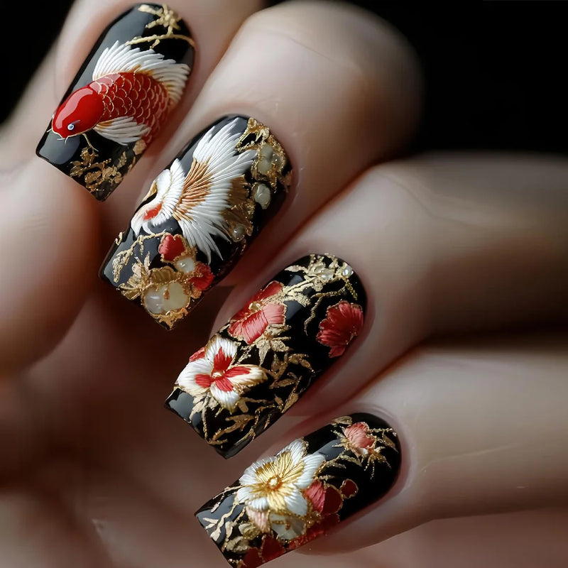 24pcs Red Coffin False Nails Art Press on Mid-length Ballet Nails Flower Full Cover Nail Tips Datachable Fashion Fake Nail Sets