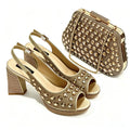 A matching women's evening wear set featuring a pair of open-toe high-heeled slingback sandals and a structured clutch handbag, both in a metallic gold tone with extensive rhinestone embellishments, Obroi