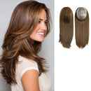 Brown hairpiece shown on a woman's head with three inset views: side profile of the model, top view of the hairpiece, and underside cap view, on a light gray background, Obroi