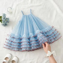 Princess Dress for Kids 1-8 Years Summer Sky Blue Cake Dress for Girls Formal Dresses