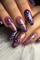 Medium nails for women girls purple black flora strips design full cover ballet nail tips press on nail art
