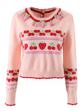 Women Autumn Winter Knit Cardigan Slim Cute O-Neck Strawberry Jacquard Reverse Wear Long Sleeve Sweater Female