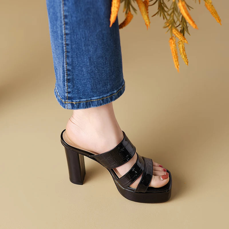 Square Toe Summer Shoes Thick High Heels Platform Slippers Ladies Solid Slippers Woman