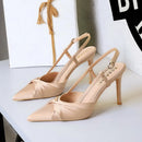 Elegant High Heels  Pleated Bow Satin Women Pumps Stiletto 9cm Ceremony Prom Lady Sandals Champagne