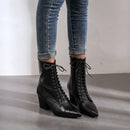 Winter Women Ankle Boots Leather High Block Heels Office Ladies Lace Up Pointed Toe Zipper Short Boots