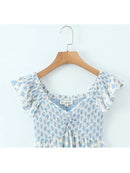 Spring Summer Vintage Casual Elastic High Waist Slim Flying Sleeves Square Neck Mini Short Dress Woman