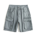 Gray denim cargo shorts on a white background, Obroi