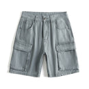 Gray denim cargo shorts on a white background, Obroi