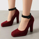 Ladies Pumps Square Toe Flock Suede Block Ankle Buckle Strap Party Mature Female Shoes