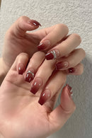 24Pcs Red Gradient Press on Nails Medium Coffin Nails with Glue Silver Lines Acrylic Nails