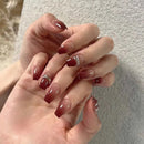 24Pcs Red Gradient Press on Nails Medium Coffin Nails with Glue Silver Lines Acrylic Nails