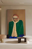 Abstract painting of a figure with hands on face in a modern interior setting, Obroi