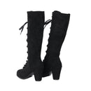 Medieval Victorian Women Knee High Boots Gothic Suede Chunky Heel Lace Up Mid Calf Shoes Cosplay Costume