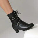 Female Boots Round Toe Block Heels 5cm Zipper Lace Up Belt Buckle Casual Mid Calf