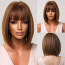 Brown Highlight Short Straight Hair Wig Bob Wigs With Bangs for Women